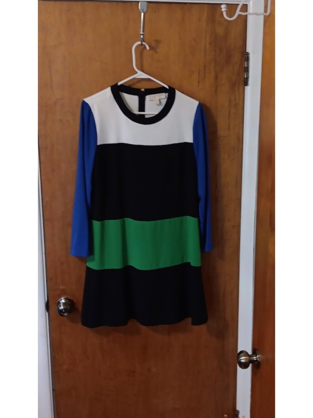 Michael Kors Shift Dress Black, White, Green Blue Colorblock Zipper Close Sz 14